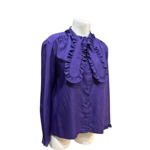 Vintage 1970s Purple Ruffle Blouse Long Sleeve Bow Tie Top / Women’s XL -
